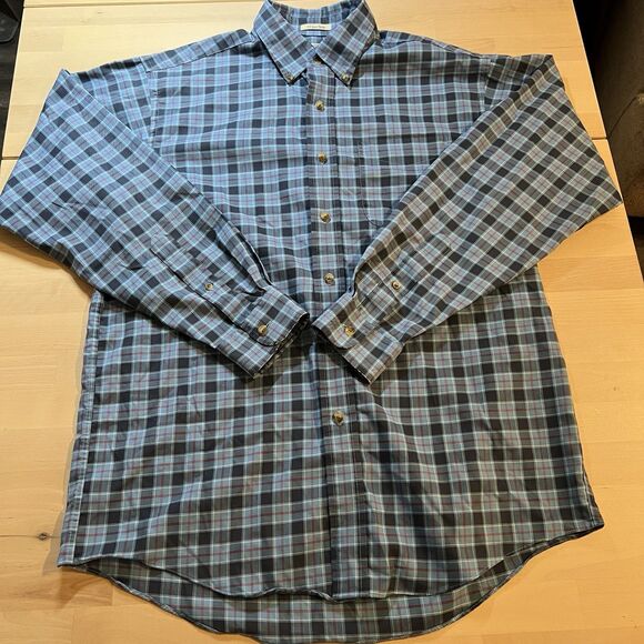 LL Bean Shirt Men M Reg US Navy Tartan Casual Preppy Button Down Pocket READ - Picture 1 of 9